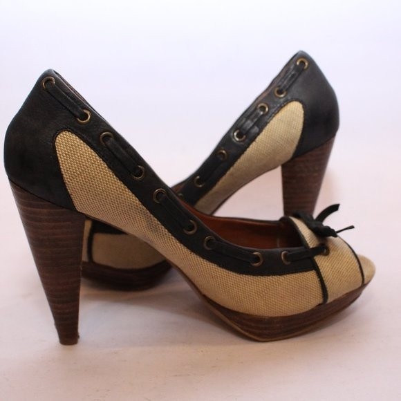 ZARA Peep Toe Canvas Pumps Heels Navy Cream Nautical Style Vintage Sz 37 US 6.5 - Picture 11 of 14